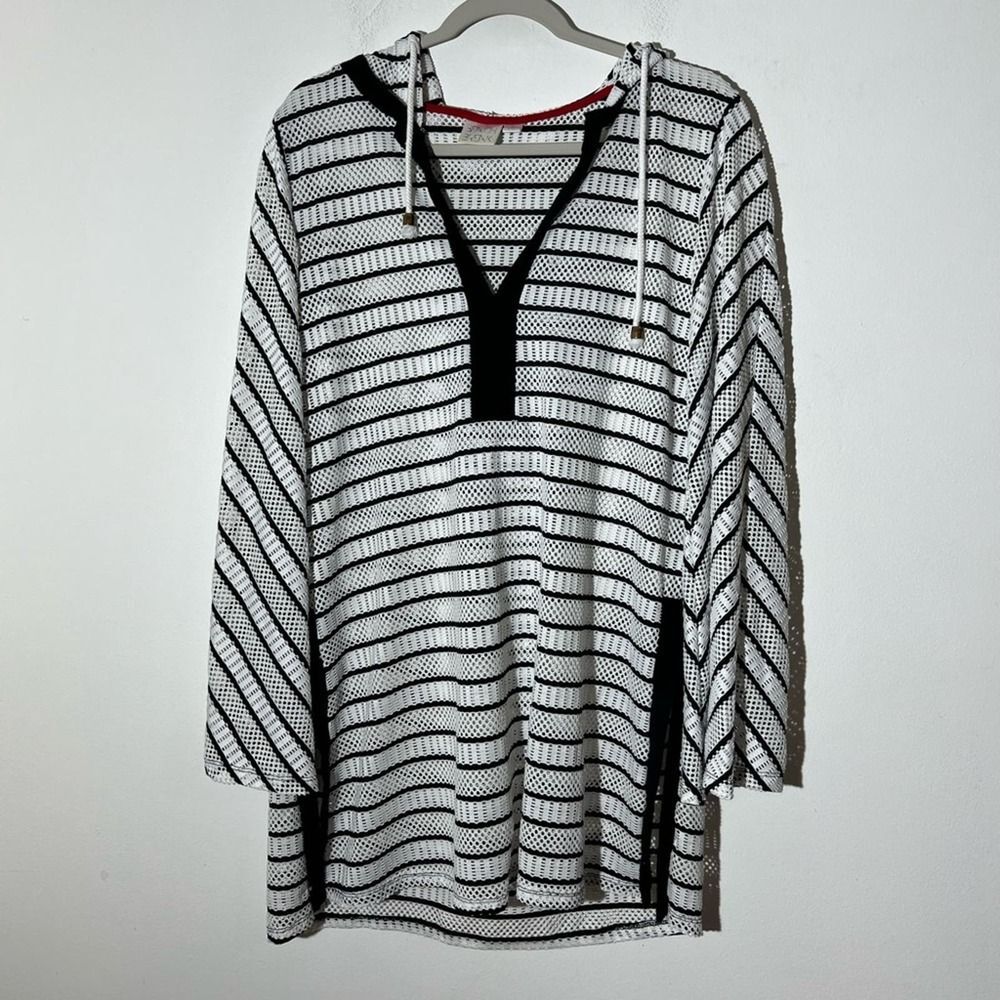 Beach Break White Black Striped Lightweight Hooded Mesh Swim Coverup Size S
